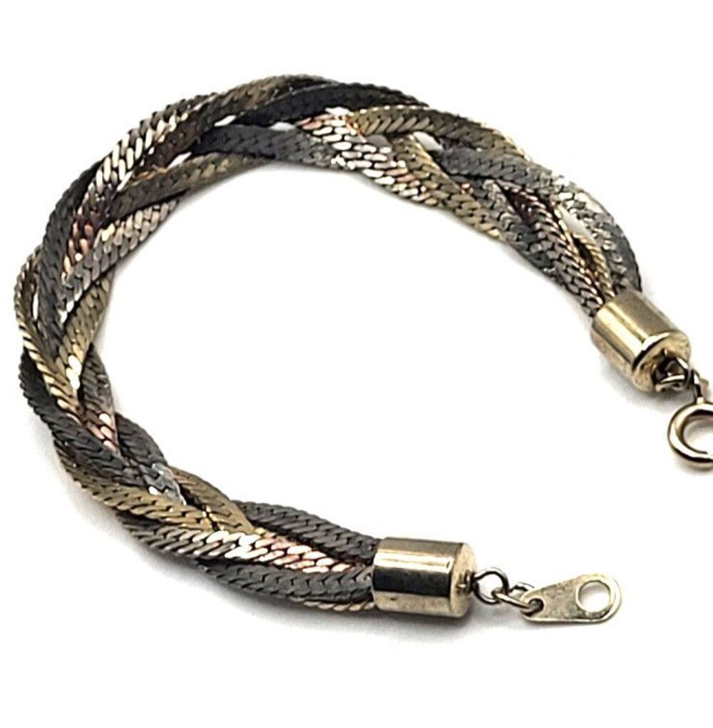 Vintage Tri-Color Braided Herringbone Bracelet Gold, Silver & Copper Tones 7.5in
